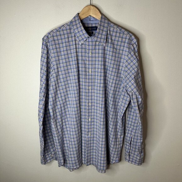 Ralph Lauren Blue Label Blue Plaid Long Sleeve Collared Cotton Stretch Shirt L - Picture 1 of 11